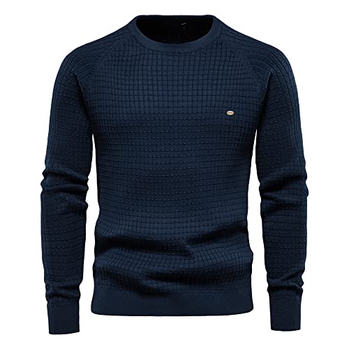 Sweater Herren Slim Fit Mode Jacquard Strickpullover Herren Casual Rundhals Einfarbig Langarm Pullover Herren Jugend Täglicher Verschleiß All-Match Knit Sweater Herren H-Navy2 L von Generic