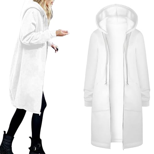 Sweatjacke Damen Lang Kapuzenjacke Long Jacke mit Kapuze Oversize Sweatmantel Warm Langarm Hoodie mit Reißverschluss Cardigan Übergang Longjacke Überziehjacke Wanderjacke 16 Weiß M von Generic