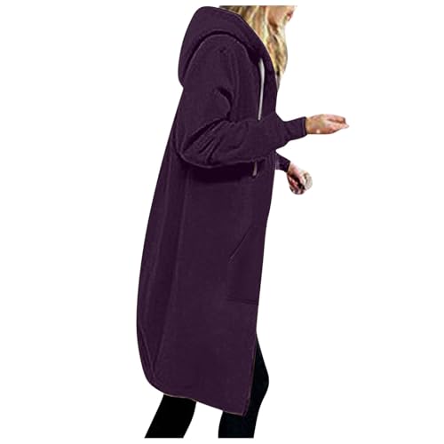 Sweatjacke Damen Lang Kapuzenjacke Long Jacke mit Kapuze Oversize Sweatmantel Warm Langarm Hoodie mit Reißverschluss Cardigan Übergang Longjacke Überziehjacke Wanderjacke 21 Lila M von Generic