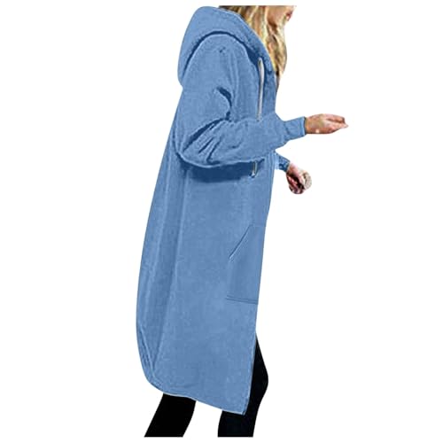 Sweatjacke Damen Lang Kapuzenjacke Long Jacke mit Kapuze Oversize Sweatmantel Warm Langarm Hoodie mit Reißverschluss Cardigan Übergang Longjacke Überziehjacke Wanderjacke 22 Himmelblau L von Generic