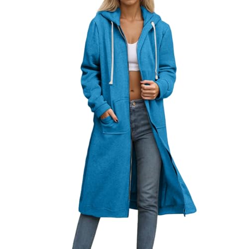 Sweatjacke Damen Lang Kapuzenjacke Long Jacke mit Kapuze Oversize Sweatmantel Warm Langarm Hoodie mit Reißverschluss Cardigan Übergang Longjacke Überziehjacke Wanderjacke 28 Himmelblau L von Generic