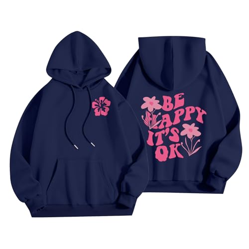 Sweatjacke Damen Mit Kapuze,Pullover Damen,Kapuzenpullover Damen,Damen Sweatshirt Grafik Kapuzenpullis Brief drucken lässig Langarm Kordelzug Pullover Tops mit Tasche,Blau,XXL von Generic