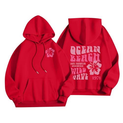 Sweatjacke Damen Mit Kapuze,Pullover Damen FrüHling,Kapuzenpullover Damen,Damen Sweatshirt Grafik Kapuzenpullis Brief drucken lässig Langarm Kordelzug Pullover Tops mit Tasche,Rot,S von Generic