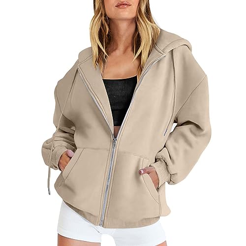 Sweatjacke Damen Mit Kapuze Kapuzenpullover Oversize Pullover Langarm Sportjacke Sweatpullover Damen Kapuzenjacke Zipper Sweatshirt Sport Style Casual Hoodie Damen Reißverschluss(A6-Beige,XL) von Generic