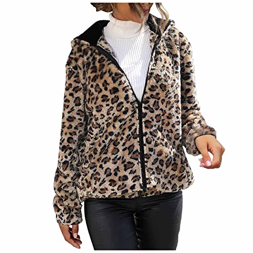 Sweatjacke Damen Mittellang Leopardenmuster Hoody jacke Dicke Warme Winterjacke Doppelseitiger Samt Kapuzenjacke Elegante Fleecejacke Passform Softshelljacke Übergangsmantel Sweatshirtjacke von Generic