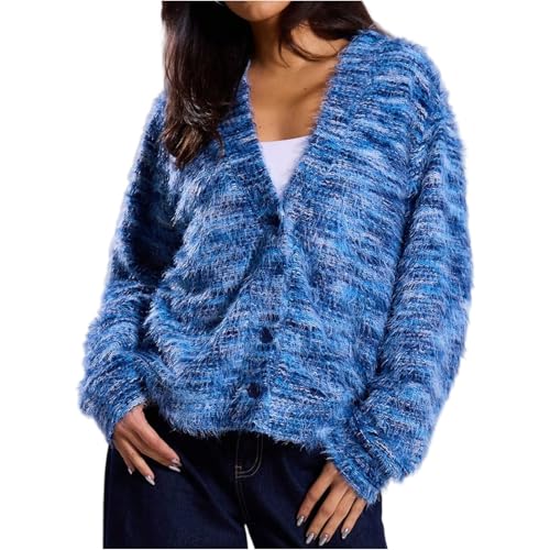 Sweatjacke Damen Winter Langarm Farbblock Boho Gestreifte Pullover Strickjacken Chunky Pullover Strickjacken für Frauen L 1 Blue von Generic