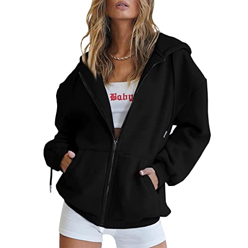 Sweatjacke Damen mit Kapuze Oversize Sweatshirtjacke Dünne Sportjacken Hoodie mit Reißverschluss Ausgefallene Langarm Sweat Jacke Zip Jacken Lang Kapuzenjacke Sweatshirt 21 Schwarz XL von Generic