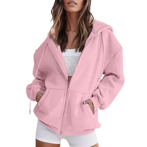 Sweatjacke Damen mit Kapuze Oversize Sweatshirtjacke Dünne Sportjacken Hoodie mit Reißverschluss Ausgefallene Langarm Sweat Jacke Zip Jacken Lang Kapuzenjacke Sweatshirt 30 Rosa M von Generic