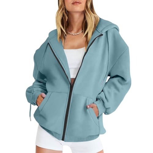 Sweatjacke Damen mit Kapuze Oversize Sweatshirtjacke Dünne Sportjacken Hoodie mit Reißverschluss Ausgefallene Langarm Sweat Jacke Zip Jacken Lang Kapuzenjacke Sweatshirt 32 Hellblau L von Generic