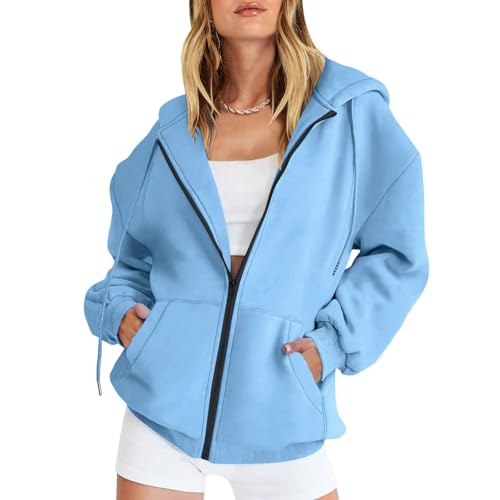 Sweatjacke Damen mit Kapuze Oversize Sweatshirtjacke Dünne Sportjacken Hoodie mit Reißverschluss Ausgefallene Langarm Sweat Jacke Zip Jacken Lang Kapuzenjacke Sweatshirt 36 Himmelblau S von Generic