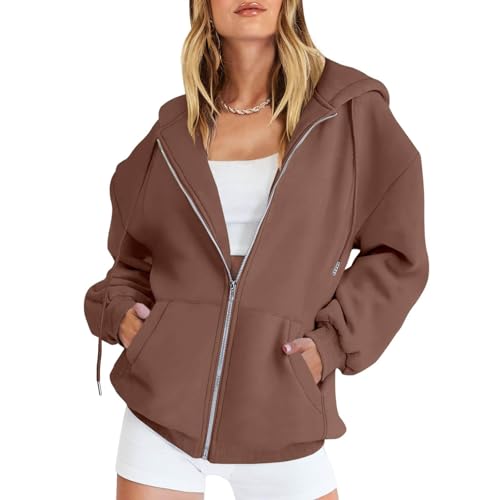 Sweatjacke Damen mit Kapuze Oversize Sweatshirtjacke Dünne Sportjacken Hoodie mit Reißverschluss Ausgefallene Langarm Sweat Jacke Zip Jacken Lang Kapuzenjacke Sweatshirt 40 Braun 3XL von Generic