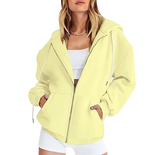 Sweatjacke Damen mit Kapuze Oversize Sweatshirtjacke Dünne Sportjacken Hoodie mit Reißverschluss Ausgefallene Langarm Sweat Jacke Zip Jacken Lang Kapuzenjacke Sweatshirt 44 Hellgelb XXL von Generic