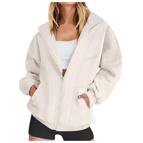 Sweatjacke Damen ohne Kapuze Oversized Zip Up Sweatshirt Jacke mit Stehkragen Reißverschluss Locker Freizeitjacke Langarm Jacket Outwear Casual Sportjacke Autumn Winter Übergangsjacke mit Tasche von Generic