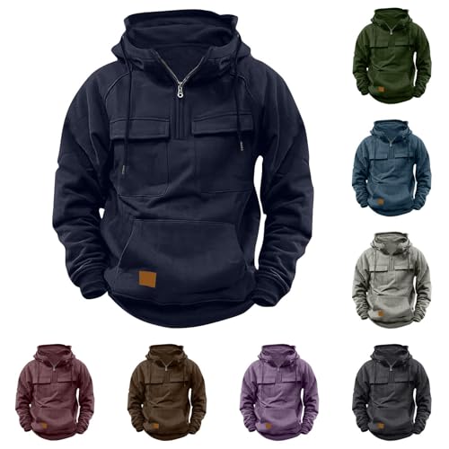 Hoodie Herren Hoody 1/2 Reißverschluss Sweatshirt mit Kapuze Oversize Kapuzenpulli mit Tasche mit Kordel Arbeitskleidung Kapuzenpullover Freizeit Einfarbige Pullover 01 Dunkelblau 3XL von Generic