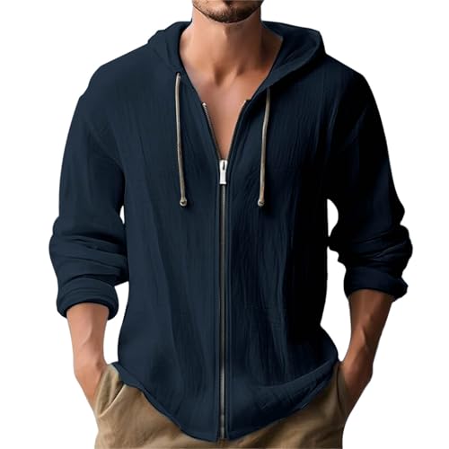 Sweatjacke Herren Hoodie Leinen Baumwolle Langarmshirt mit Kapuze Sweatshirt Lässige Button Pullover Freizeit Einfarbige Kapuzenjacke mit Tasche Kapuzenshirt Angebote 10 Marine XL von Generic