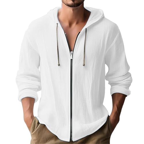 Sweatjacke Herren Hoodie Leinen Baumwolle Langarmshirt mit Kapuze Sweatshirt Lässige Button Pullover Freizeit Einfarbige Kapuzenjacke mit Tasche Kapuzenshirt Angebote 10 Weiß M von Generic