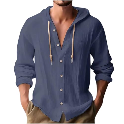 Sweatjacke Herren Hoodie Leinen Baumwolle Langarmshirt mit Kapuze Sweatshirt Lässige Button Pullover Freizeit Einfarbige Kapuzenjacke mit Tasche Kapuzenshirt Angebote Marine 3XL von Generic