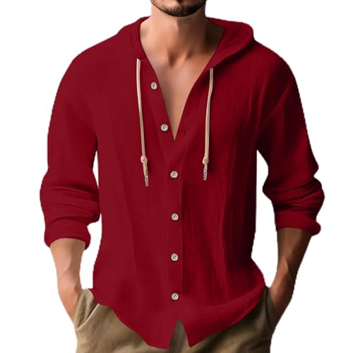 Sweatjacke Herren Hoodie Leinen Baumwolle Langarmshirt mit Kapuze Sweatshirt Lässige Button Pullover Freizeit Einfarbige Kapuzenjacke mit Tasche Kapuzenshirt Prime 09 Rot S von Generic
