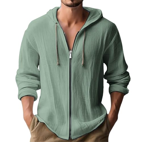 Sweatjacke Herren Hoodie Leinen Baumwolle Langarmshirt mit Kapuze Sweatshirt Lässige Button Pullover Freizeit Einfarbige Kapuzenjacke mit Tasche Kapuzenshirt Prime 10 Armeegrün XL von Generic