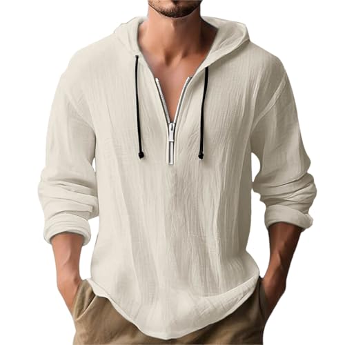 Sweatjacke Herren Hoodie Leinen Baumwolle Langarmshirt mit Kapuze Sweatshirt Lässige Button Pullover Freizeit Einfarbige Kapuzenjacke mit Tasche Kapuzenshirt mit Kordel Angebote Khaki XL von Generic