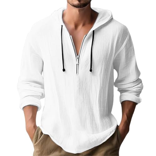 Sweatjacke Herren Hoodie Leinen Baumwolle Langarmshirt mit Kapuze Sweatshirt Lässige Button Pullover Freizeit Einfarbige Kapuzenjacke mit Tasche Kapuzenshirt mit Kordel Deal Weiß L von Generic