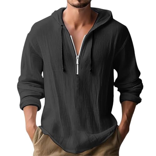 Sweatjacke Herren Hoodie Leinen Baumwolle Langarmshirt mit Kapuze Sweatshirt Lässige Button Pullover Freizeit Einfarbige Kapuzenjacke mit Tasche Kapuzenshirt mit Kordel Deals Schwarz 3XL von Generic