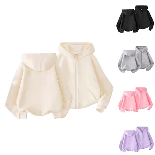 Sweatjacke Kinder Mädchen Baumwolle Kapuzenpullover Kapuzenjacke mit Reißverschluss Taschen Einfarbige Sportlich Hoodie Übergangsjacke für Kleinkind (Beige, 3-4 Years) von Generic