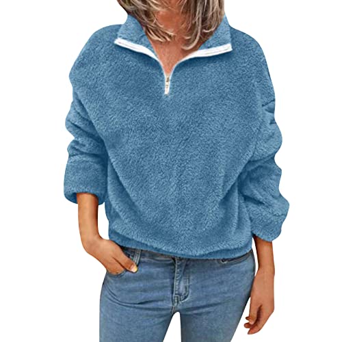 Sweatshirt Damen Ohne Kapuze Warm Langarm Pullover Teddy-Fleece Pullover Winter Revers Lose Pulli Reißverschluss Sweater Oberteil Tops mit Reißverschluss Fashion Streetstyle von Generic
