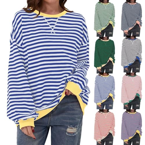 Sweatshirt Damen Oversize, Pullover Damen Streifen Langarmshirt Gestreiftes Oberteil Loose Fit Pulli Herbstwinter Sweatshirts Y2K Oberteile Farbblock Striped Shirt Basic Sportshirt von Generic