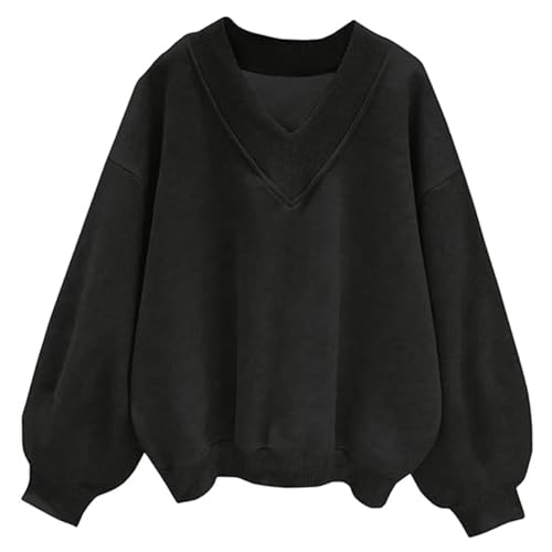 Sweatshirt Damen Oversize Pullover Damen Sweatshirt mit V-Ausschnitt, Oversized-Sweatshirt, Langarm, Pullover Weiße Sweatjacke Damen (Black, S) von Generic