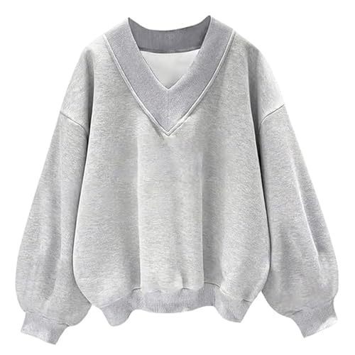Sweatshirt Damen Oversize Pullover Damen Sweatshirt mit V-Ausschnitt, Oversized-Sweatshirt, Langarm, Pullover Weiße Sweatjacke Damen (Grey, XL) von Generic