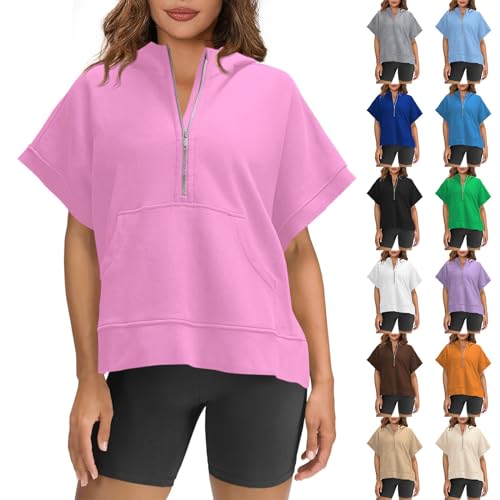 Sweatshirt Damen Oversize Pullover Half Reißverschluss Freizeithemd Kurzarm Sportshirt Ohne Kapuze Pulli Locker Bequeme Sweatshirts Lose Oberteile Alltäg Kleidung Sommer Tshirt mit Taschen von Generic