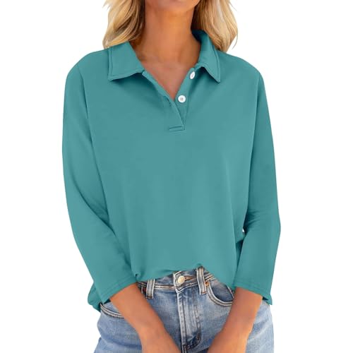 Sweatshirt Damen Shirt Basic 3/4 Arm Poloshirt Elegant Fall Fall Langarmshirt Kragen Polo Top Office Langarm Business Outfit Basic Langarmshirt Damen Trachten Oberteil (1-Turquoise,L) von Generic