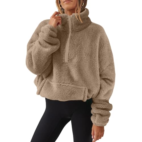 Sweatshirt Damen Teddyfleece Pullover Leichte Fleecepullover Flauschig Langarmshirt Teddy Oberteile Langarm Einfarbig Pulli Bequeme Weiche Bluse Winter Shirt Half Zip Stehkragen Tops Winterpullover von Generic
