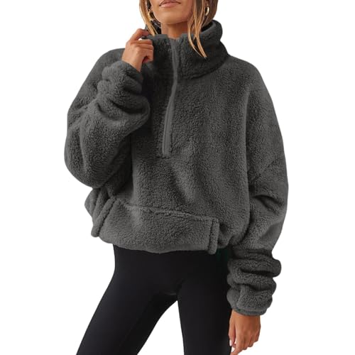 Sweatshirt Damen Teddyfleece Pullover Leichte Fleecepullover Flauschig Langarmshirt Teddy Oberteile Langarm Einfarbig Pulli Bequeme Weiche Bluse Winter Shirt Half Zip Stehkragen Tops Winterpullover von Generic