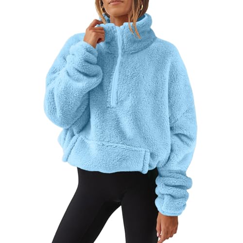 Sweatshirt Damen Teddyfleece Pullover Leichte Fleecepullover Flauschig Langarmshirt Teddy Oberteile Langarm Einfarbig Pulli Bequeme Weiche Bluse Winter Shirt Half Zip Stehkragen Tops Winterpullover von Generic