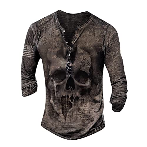 Sweatshirt Herren Retro 3D-Druck Distressed Henley Shirt Pullover Herren V-Ausschnitt Langarmshirts für Herren Vintage Totenkopf-Print Tshirt Outdoor Tactical T-Shirt Tops von Generic