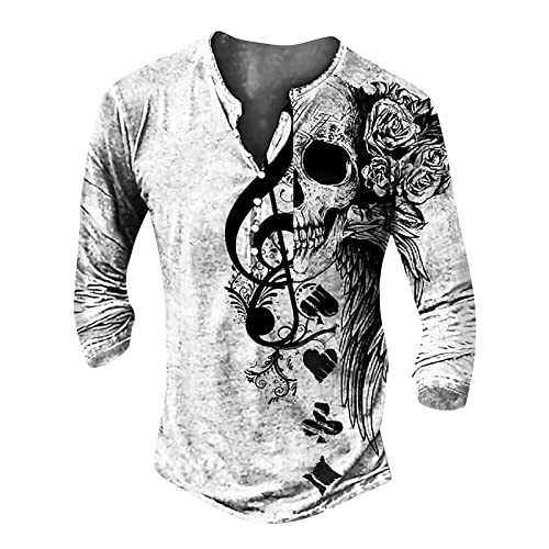 Sweatshirt Herren Retro 3D-Druck Distressed Henley Shirt Pullover Herren V-Ausschnitt Langarmshirts für Herren Vintage Totenkopf-Print Tshirt Outdoor Tactical T-Shirt Tops von Generic
