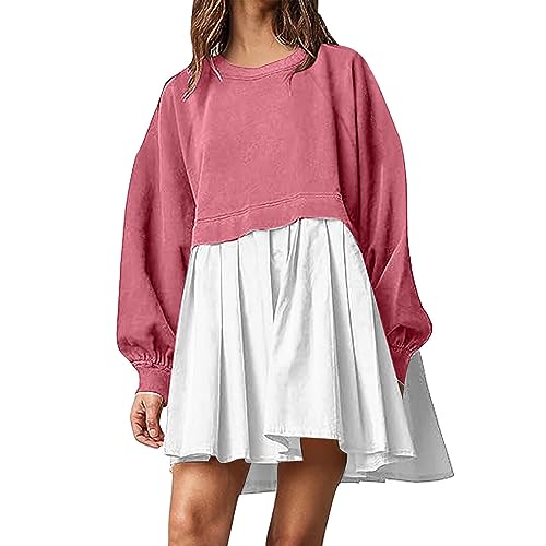 Sweatshirt Kleid Frauen Oversized Rundhalsausschnitt Langarm Pullover Hoodie Herbst Casual Colorblock Plissee Sweatshirts Minikleid, hot pink, X-Large von Generic