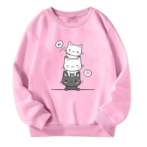 Sweatshirt Pullover Mädchen Loose Fit Langarmshirt Cartoon Katze Druck Rundhals Langarm Lässig Locker Top Mode Pullover Sweatshirt Thermoshirt Kinder Kleidung für 3-14 Jahre (7-8 Years) von Generic