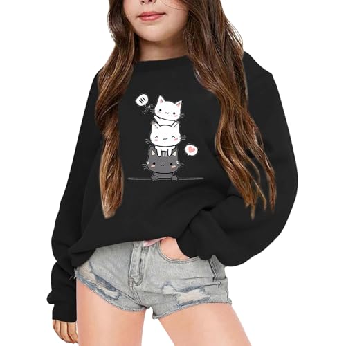 Sweatshirt Pullover Mädchen Loose Fit Langarmshirt Cartoon Katze Druck Rundhals Langarm Lässig Locker Top Mode Pullover Sweatshirt Thermoshirt Kinder Kleidung für 3-14 Jahre (Z2-Black, 7-8 Years) von Generic