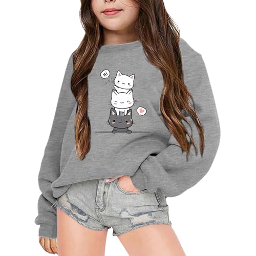 Sweatshirt Pullover Mädchen Loose Fit Langarmshirt Cartoon Katze Druck Rundhals Langarm Lässig Locker Top Mode Pullover Sweatshirt Thermoshirt Kinder Kleidung für 3-14 Jahre (Z2-Grey, 11-12 Years) von Generic