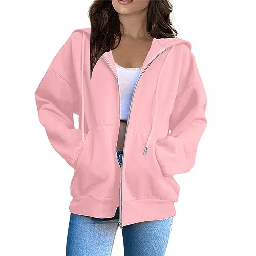 Sweatshirtjacke Damen,Y2K Loose Pullover Kleidung Frauen Männer Full Zip Hoodie Langarm Hoodie Oversized Sweatshirt Gothic Harajuku Streetwear Kleidung,Vintage Clothes,Rosa,XXL von Generic