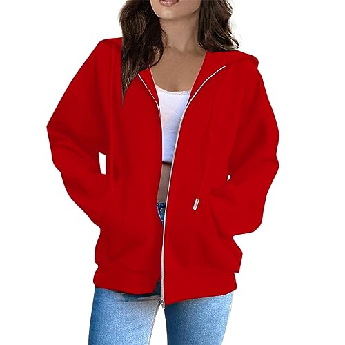 Sweatshirtjacke Damen,Y2K Loose Pullover Kleidung Frauen Männer Full Zip Hoodie Langarm Hoodie Oversized Sweatshirt Gothic Harajuku Streetwear Kleidung,Y2K Zip Up Hoodie Herren,Rot,L von Generic