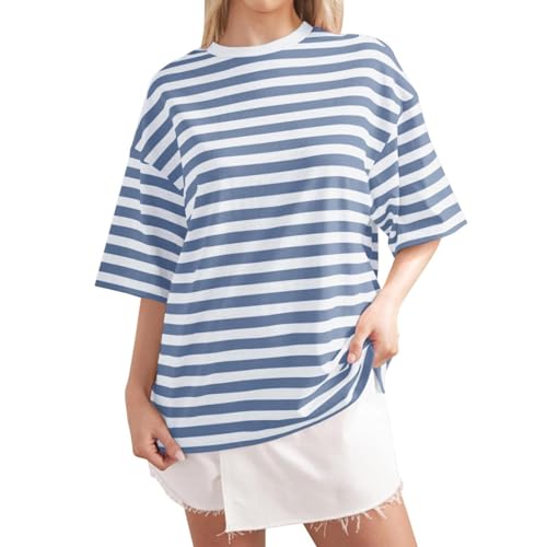 Sweatshirts & Tshirt Damen Oversize Gestreiftes, Baumwolle Rundhals Sweatshirt Langarm Lässiges Lockeres Pullover Y2K Shirt Oberteile Striped Color Block Sweatshirt Crew Neck Long/Short Sleeve Top von Generic