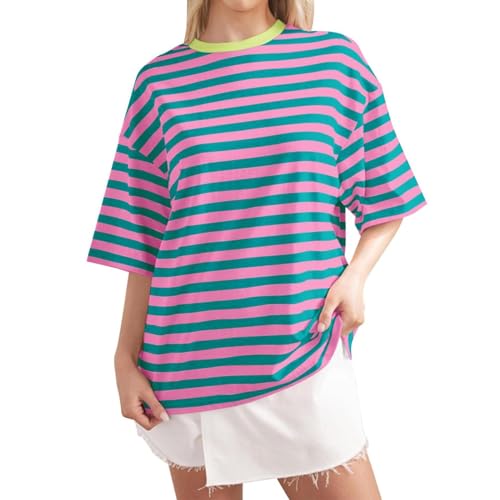 Sweatshirts & Tshirt Damen Oversize Gestreiftes, Baumwolle Rundhals Sweatshirt Langarm Lässiges Lockeres Pullover Y2K Shirt Oberteile Striped Color Block Sweatshirt Crew Neck Long/Short Sleeve Top von Generic