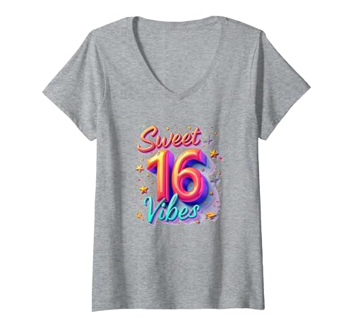 Sweet 16 Vibes: Geschenk zum 16. Geburtstag für Teenager-Mädchen T-Shirt mit V-Ausschnitt, Damen, Grau Meliert, XL von Generic