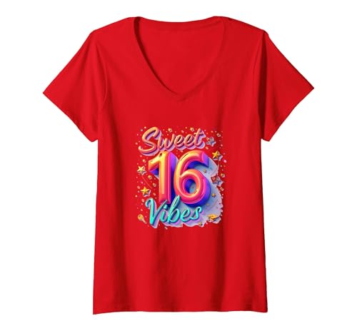 Sweet 16 Vibes: Geschenk zum 16. Geburtstag für Teenager-Mädchen T-Shirt mit V-Ausschnitt, Damen, Rot, XXL von Generic