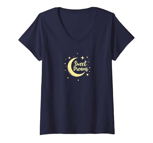 Sweet Dreams Mond Sterne T-Shirt mit V-Ausschnitt, Damen, Marineblau, L von Generic