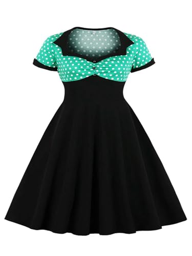 Sweetheart Neck High Waist 50er Jahre Damen Langes Kleid Polka Dot und Schwarz Swing Damenkleider mit 3XL 4XL-Grün-4XL von Generic